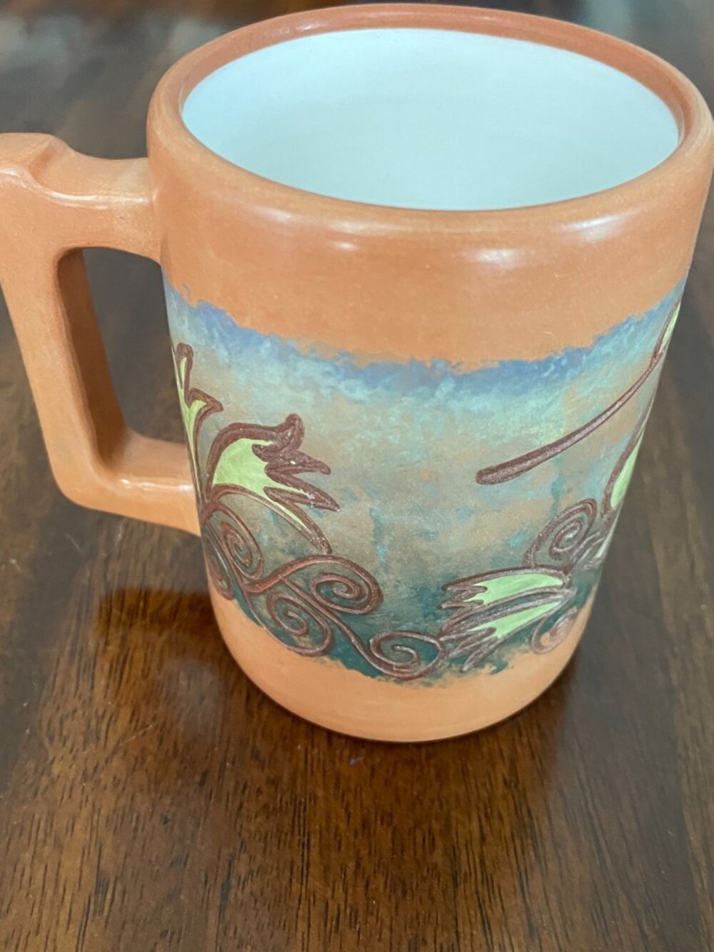 Hand painted Terracotta Mug Seminario Peru Bird Tropical Pattern Stamp Bottom